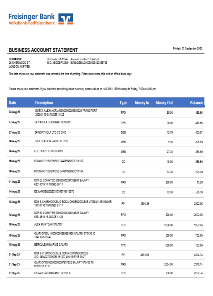 Relevé commercial du compte Freisinger Bank au format Word et PDF